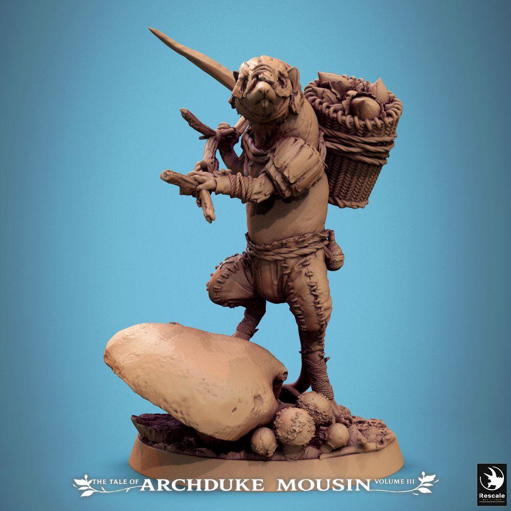 Productfoto Tabletop 28mm Lord of the Print (LotP) 0: Tabletop Miniatuur: Muizenvolk Boswachter en Knager-Verkenner/Verkenner - Vallensteller en Jager met Speer, Rugmand en Hout op Paddenstoel-Bosbodem-Basis (25_07_K1)