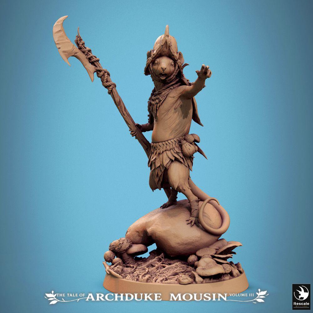 Productfoto Tabletop 28mm Lord of the Print (LotP) 0: Tabletop Miniatuur: Dierfolk Muizenkrijger met Halberd - Knager-Ridder, Boswachter, Clanleider, Skirmish-Leider, Baas-model (25_07_H5)