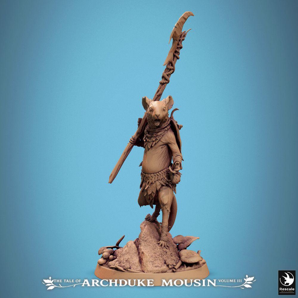 Productfoto Tabletop 28mm Lord of the Print (LotP) 0: Fantasy figuur: Rattenmens-leider met halberd/gleve - Rattenkrijger, stamhoofd, speerkrijger, dierenfolk kampioen voor Wargame, Skirmish, Dungeon Crawler (25_07_H9)