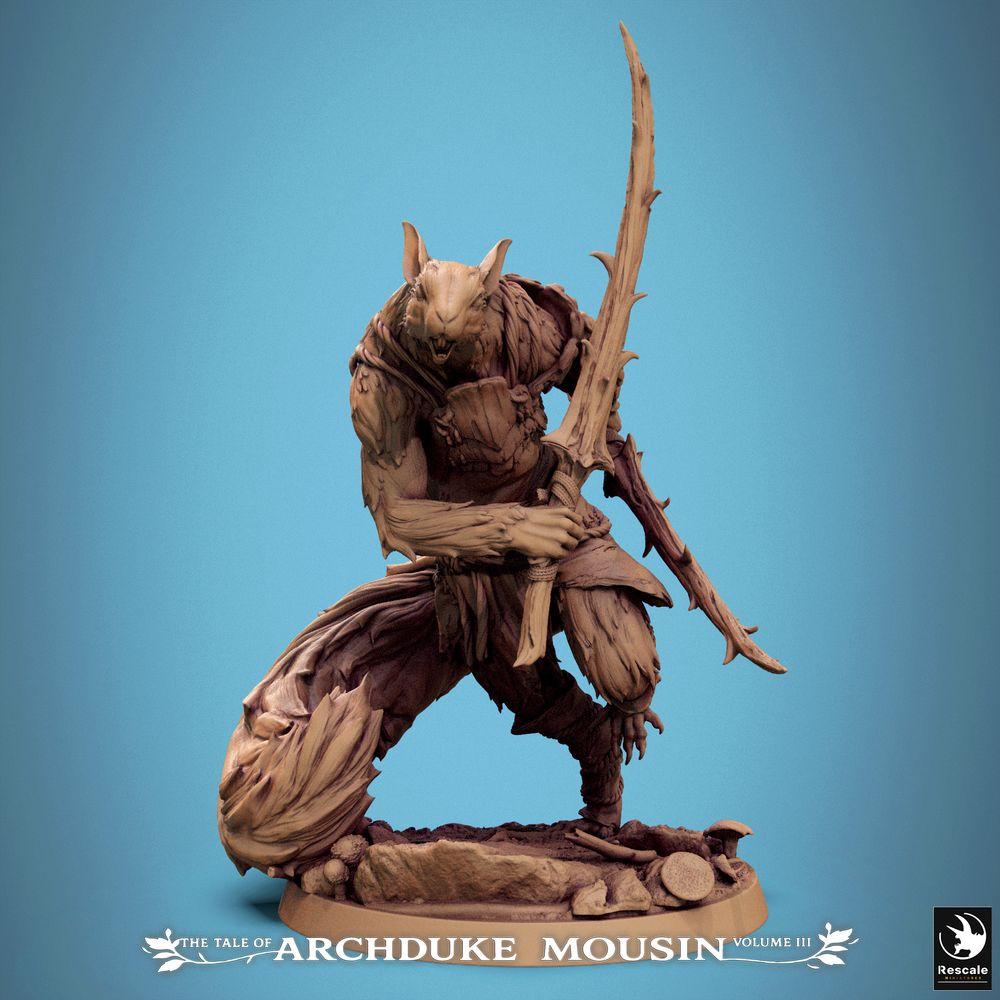 Productfoto Tabletop 28mm Lord of the Print (LotP) 0: Fantasy Tabletop Miniatuur: Rattenmens Krijger / Knaagdier-Assassijn met gebogen mes in dynamische spronghouding (25_07_M7)