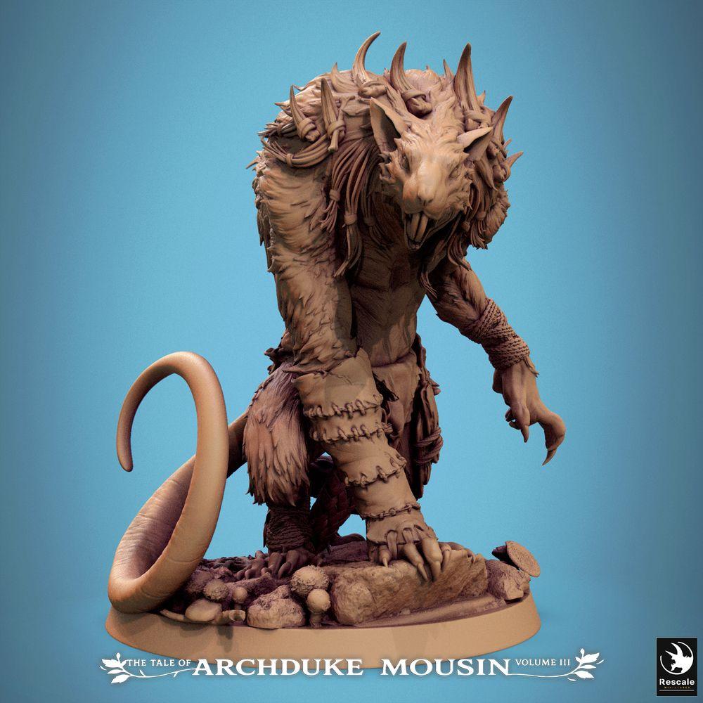 Productfoto Tabletop 28mm Lord of the Print (LotP) 0: Tabletop miniatuur: Rattenmens Wer-Rat (Wererat), loerende beestenstrijder met klauwen en bottenstekels - mutantenmonster stamhoofd, dungeon-baas (25_07_O7)