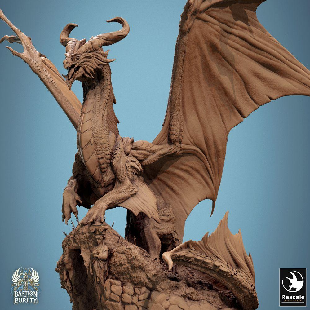 Produktfoto Tabletop 28mm Lord of the Print (LotP) 0: Tabletop Miniatur: Bronzedrache - Alter Großdrache Wyrm auf Felsensockel, Schwingen ausgebreitet, brüllend - Bossmonster, Höhlendrache mit Szenenbase (24_09_A2)
