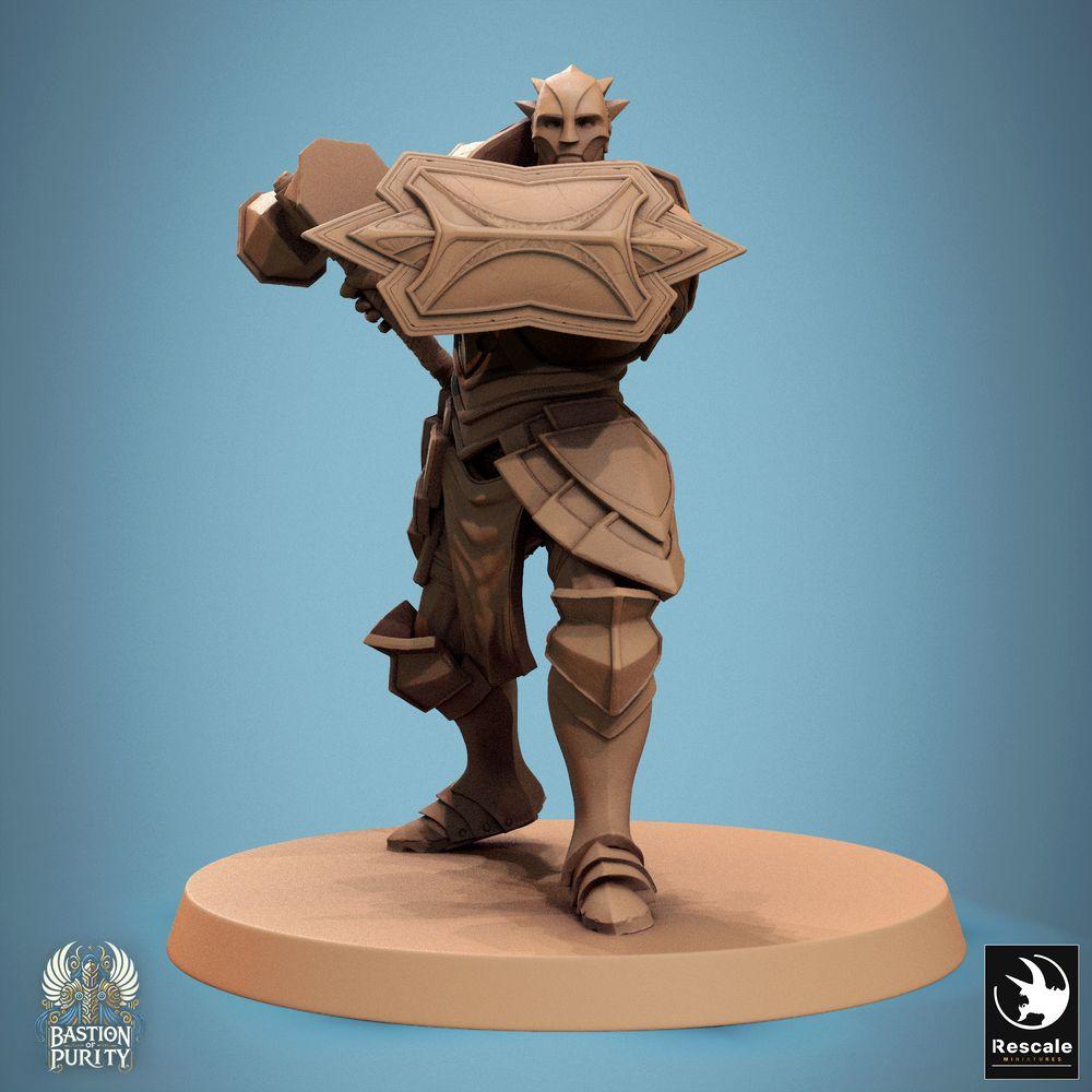 Productfoto Tabletop 28mm Lord of the Print (LotP) 0: Tabletop Miniatuur: Bastion Warrior / Bastionskrieger - Schilddrager met oorlogshamer in plaatpantser, Paladijn, Tempelwachter, Verdediger (24_09_C25)
