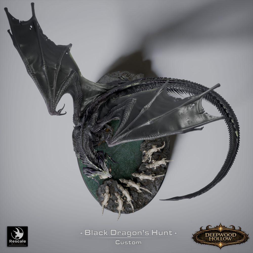 Productfoto Tabletop 28mm Lord of the Print (LotP) 9: Tabletop Fantasy miniatuurset: Black Dragon Hunt - Zwarte draak met jachthonden op scenische rotsbasis (26_03_A1)