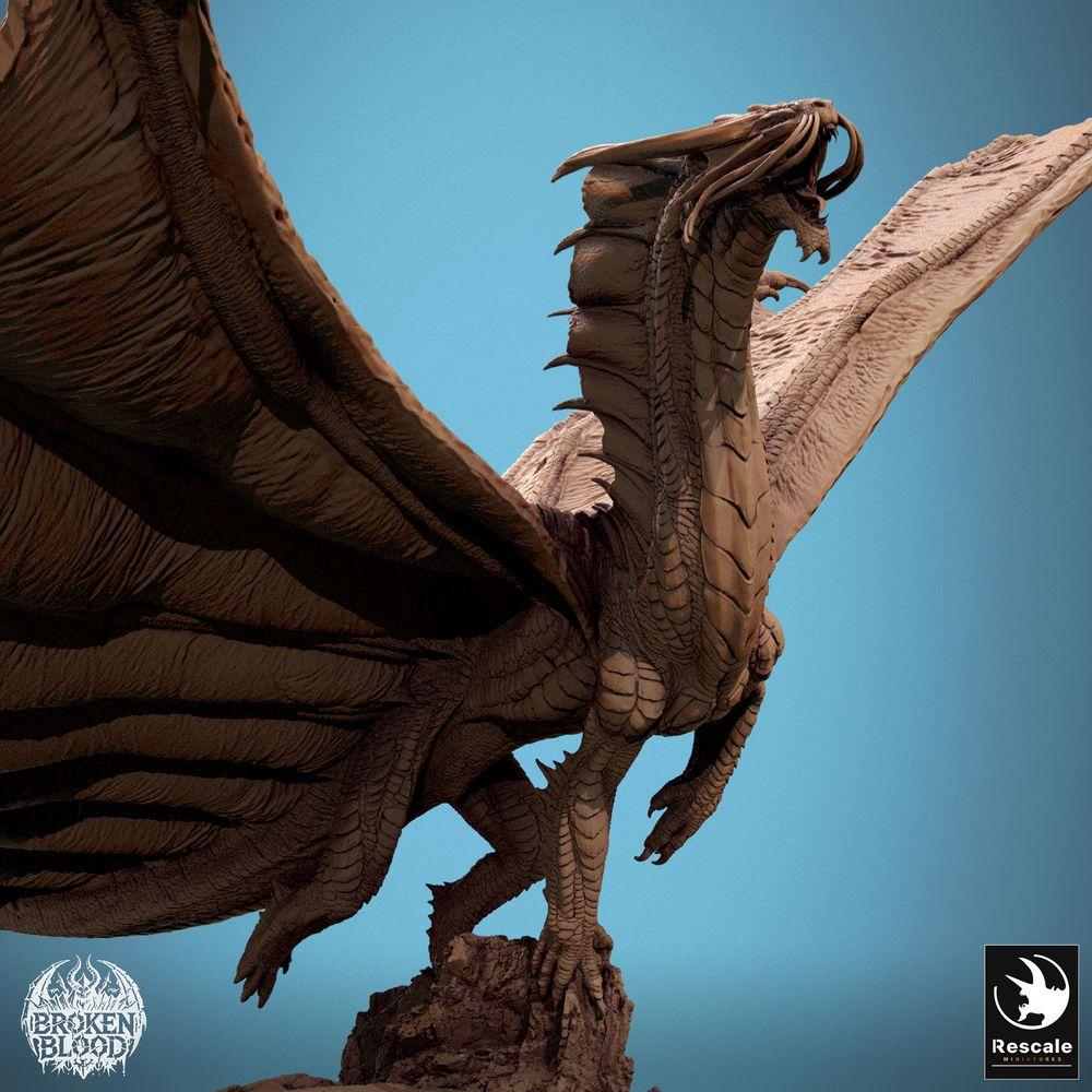 Productfoto Tabletop 28mm Lord of the Print (LotP) 3: Fantasy Figuur: Gouden Draak - legendarisch vliegend beest in dynamische vliegpose met uitgespreide vleugels, Wyvern/Lindwurm, Baasmonster (24_11_A1)