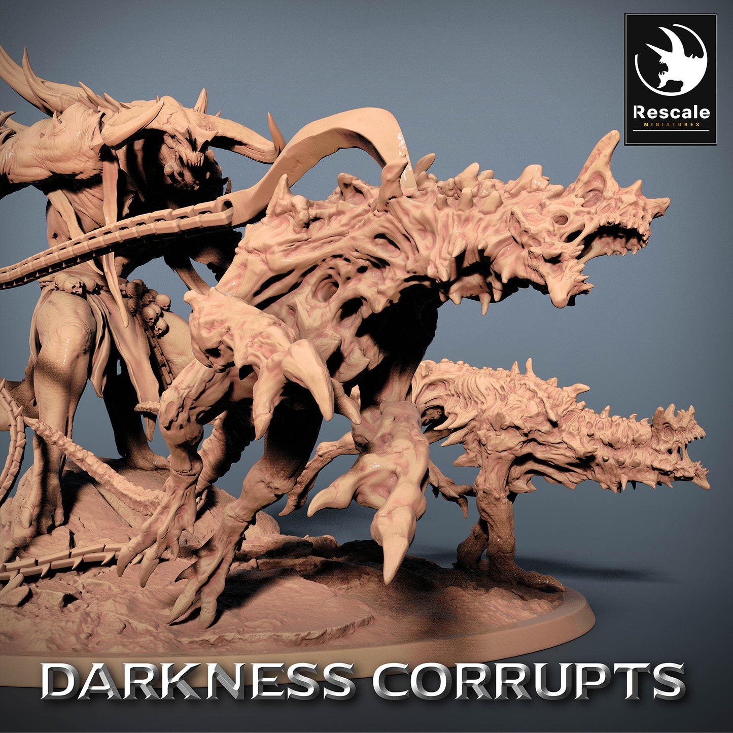 Productafbeelding 4 van 4: Tabletop Miniatuur: Demonische Beestenmeester met twee Hellehonden aan Kettingen - Infernal Tamer, Heldenmeester, Cultleider (23_07_B)