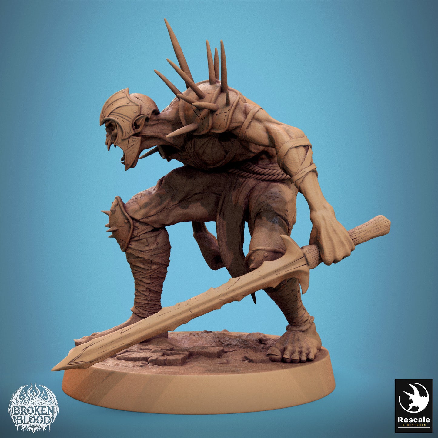 Productfoto Tabletop 28mm Lord of the Print (LotP) 1: Tabletop Miniatuur: Ghoul Ravager - Ghoul-Kampioen, ondode Berserker/zwaardvechter met kort zwaard in gedoken aanvalshouding, stekelhelm (24_11_C9)
