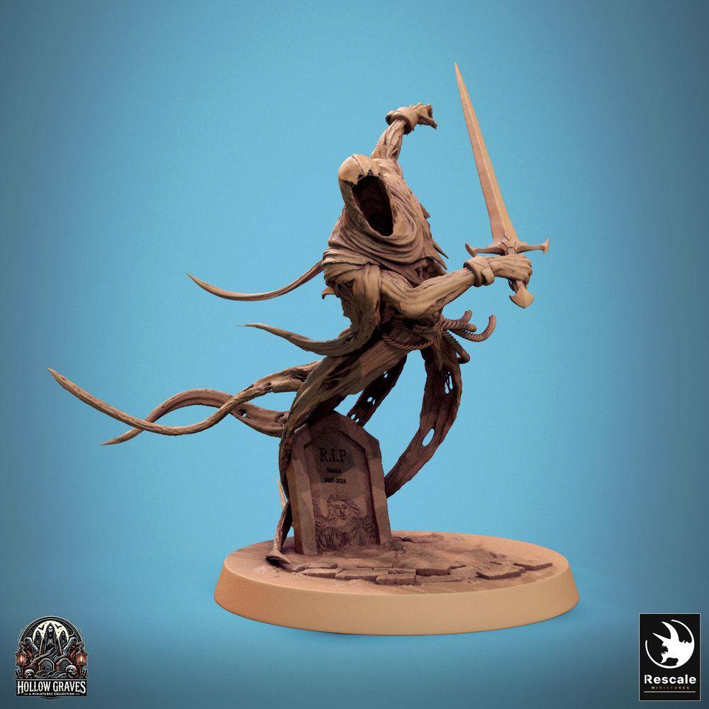 Productfoto Tabletop 28mm Lord of the Print (LotP) 0: Tabletop Miniatuur: Ondode Wraith Geestkrijger / Phantomridder (Revenant), zwevend in de aanval met zwaard, oprijzend uit het graf (24_10_A4)