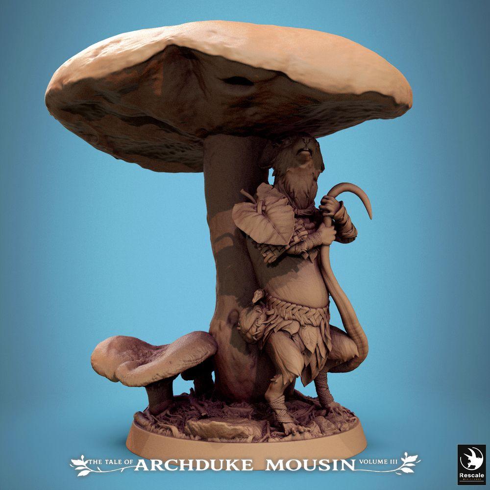 Productfoto Tabletop 28mm Lord of the Print (LotP) 0: Tabletop Miniatuur: Muismens Bosdruïde Paddenstoelschamaan met Staf, Boswachter Ranger op Paddenstoelenstam - Fantasy Wargaming, Skirmish, Dungeon, Diorama-basis (25_07_Q23)