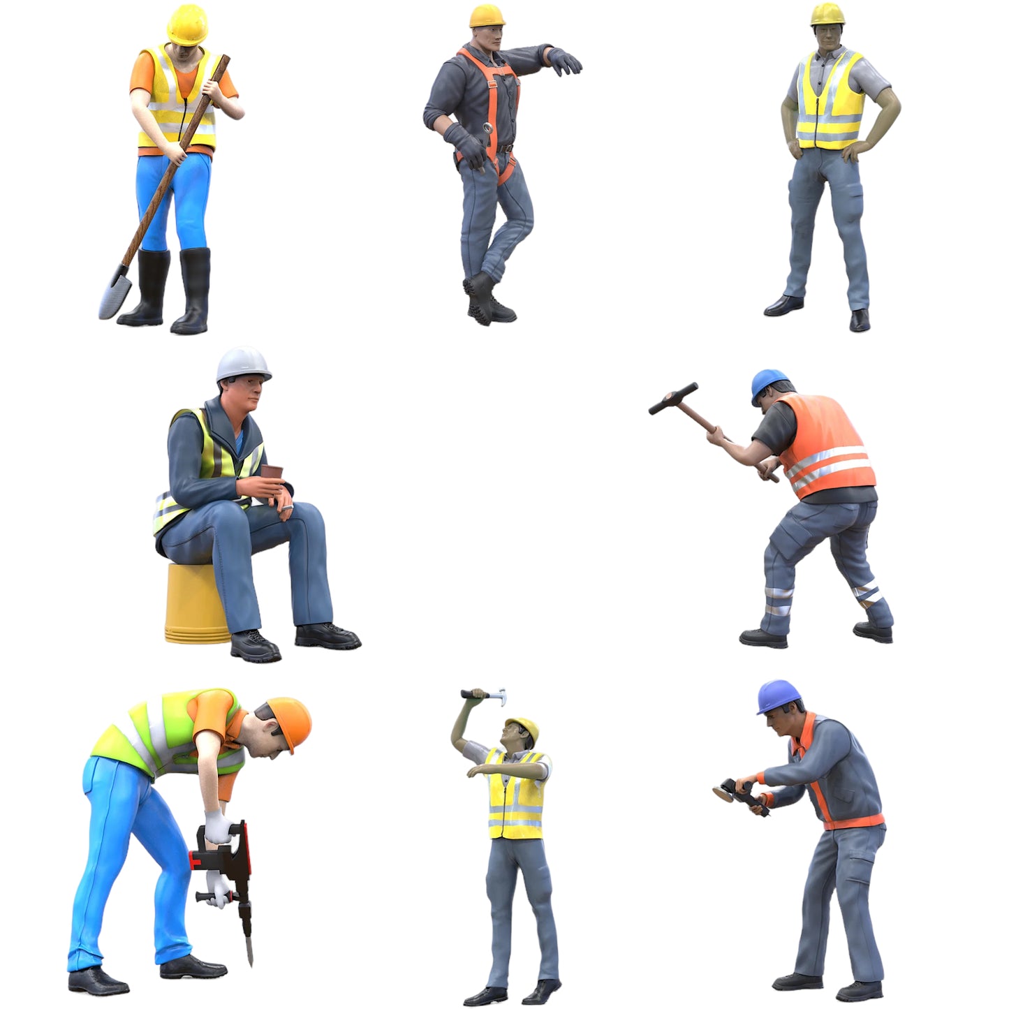 Productfoto diorama en modelbouw miniatuurfiguur: Bouwvakker set, 8 figuren