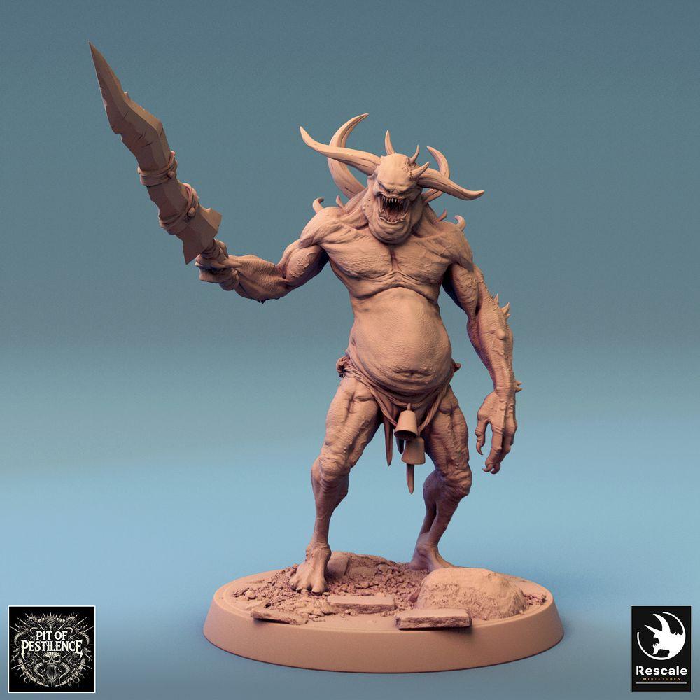 Productfoto Tabletop 28mm Lord of the Print (LotP) 0: Tabletop Miniatuur: Demonenkind / Pest-Onheil - eenogige hoornedemon met gekartelde grootzwaard, baasmonster in de nabijgevecht (24_08_F5)
