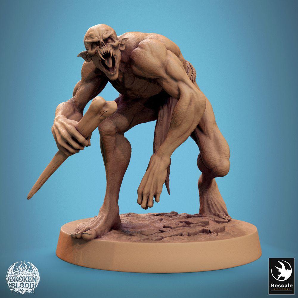 Productfoto Tabletop 28mm Lord of the Print (LotP) 0: Fantasy Miniatuur: Wilde Ghoul Savage Ghoul - hurkende grotbeest met knuppel, demonenkind, dungeon-baasmonster (24_11_B13)
