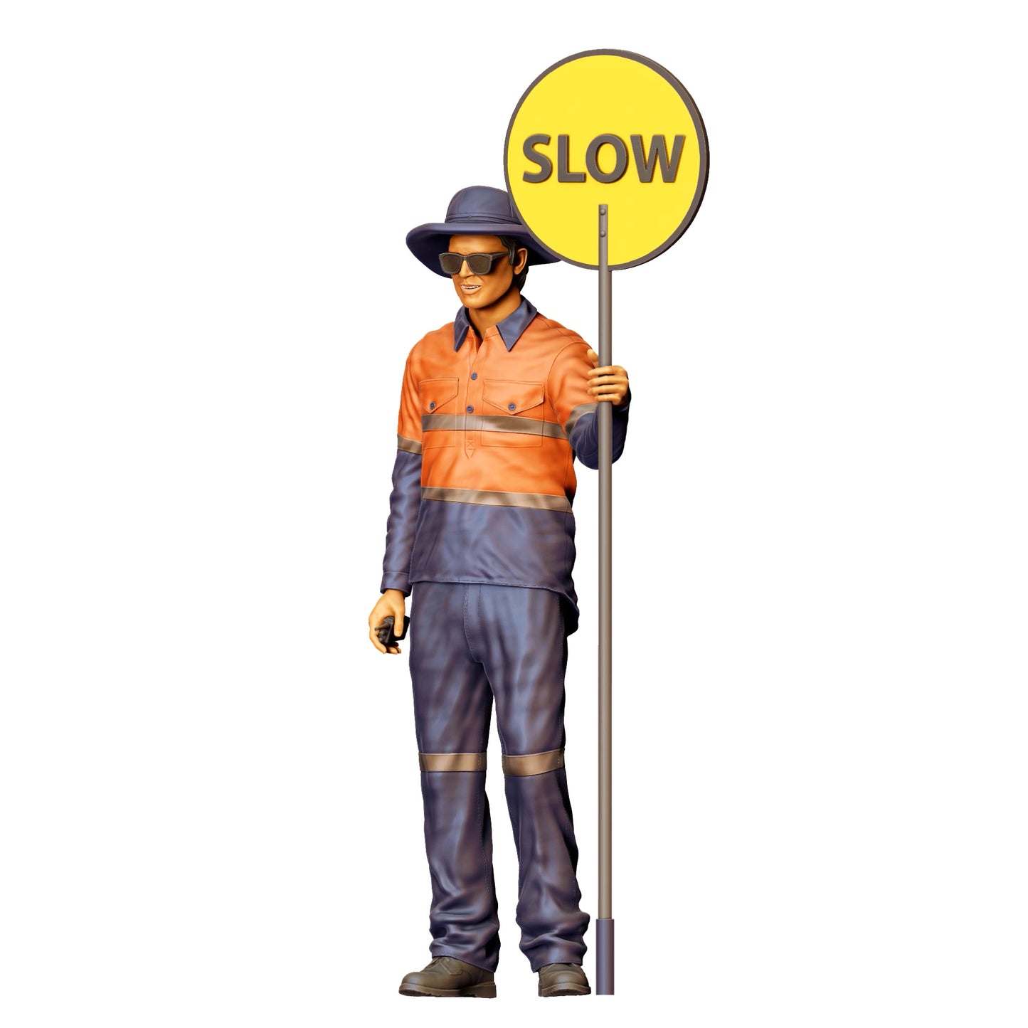 Diorama Modellbau Produktfoto 0: Straßenarbeiter mit „Slow“ Schild - Verkehrsfigur in Warnkleidung (Ref. Nr. 395)