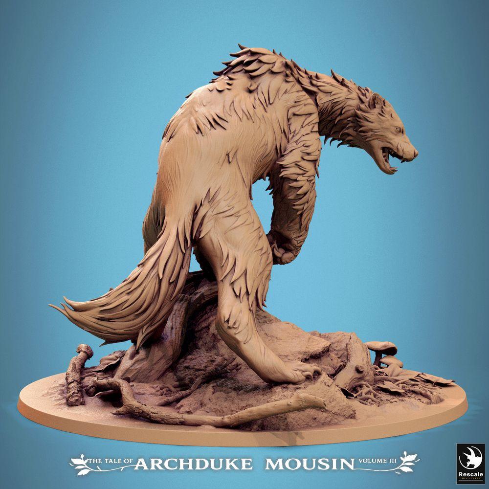 Productfoto Tabletop 28mm Lord of the Print (LotP) 1: Tabletop Miniatuur: Schreckensbär / Werbär / Bärenunhold - Waldbestie, monster-miniatuur met lange klauwen en scherpe tanden, roofdierachtig gedoken op omgevallen boomstam (25_07_A1)