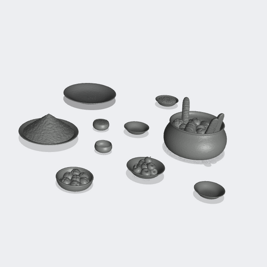 Productfoto Miniatuur Meubels, Inrichting Diorama en Modelbouw 0: Aan Tafel: 10 Borden en Schalen met Brood, Granen en Fruit