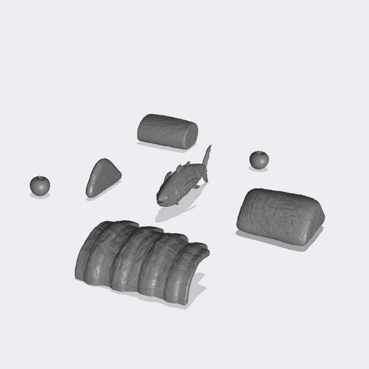 Productfoto Miniatuur Meubels, Inrichting Diorama en Modelbouw 0: In de Keuken: Eten - 2 Appels, 3 Vleesstukken, Tonijn