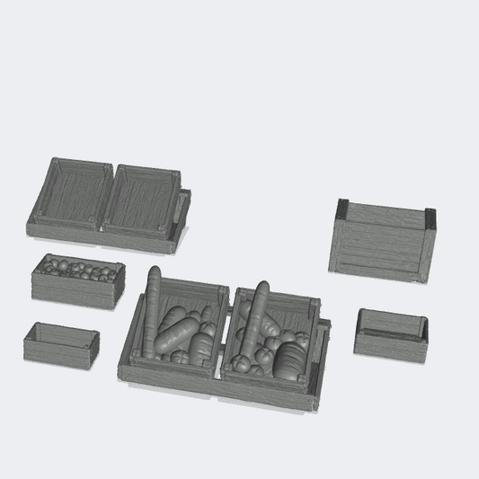 Productfoto Miniatuur Meubels, Inrichting Diorama en Modelbouw 0: Markt en Bazar: 6 Kisten, Fruitkisten - leeg, met Brood en met Vruchten