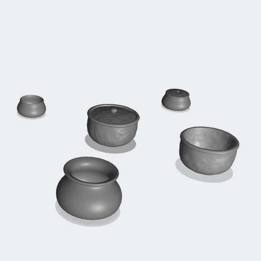 Productfoto Miniatuur Meubels, Inrichting Diorama en Modelbouw 0: Aan Tafel: 5 Potten met en zonder Deksel