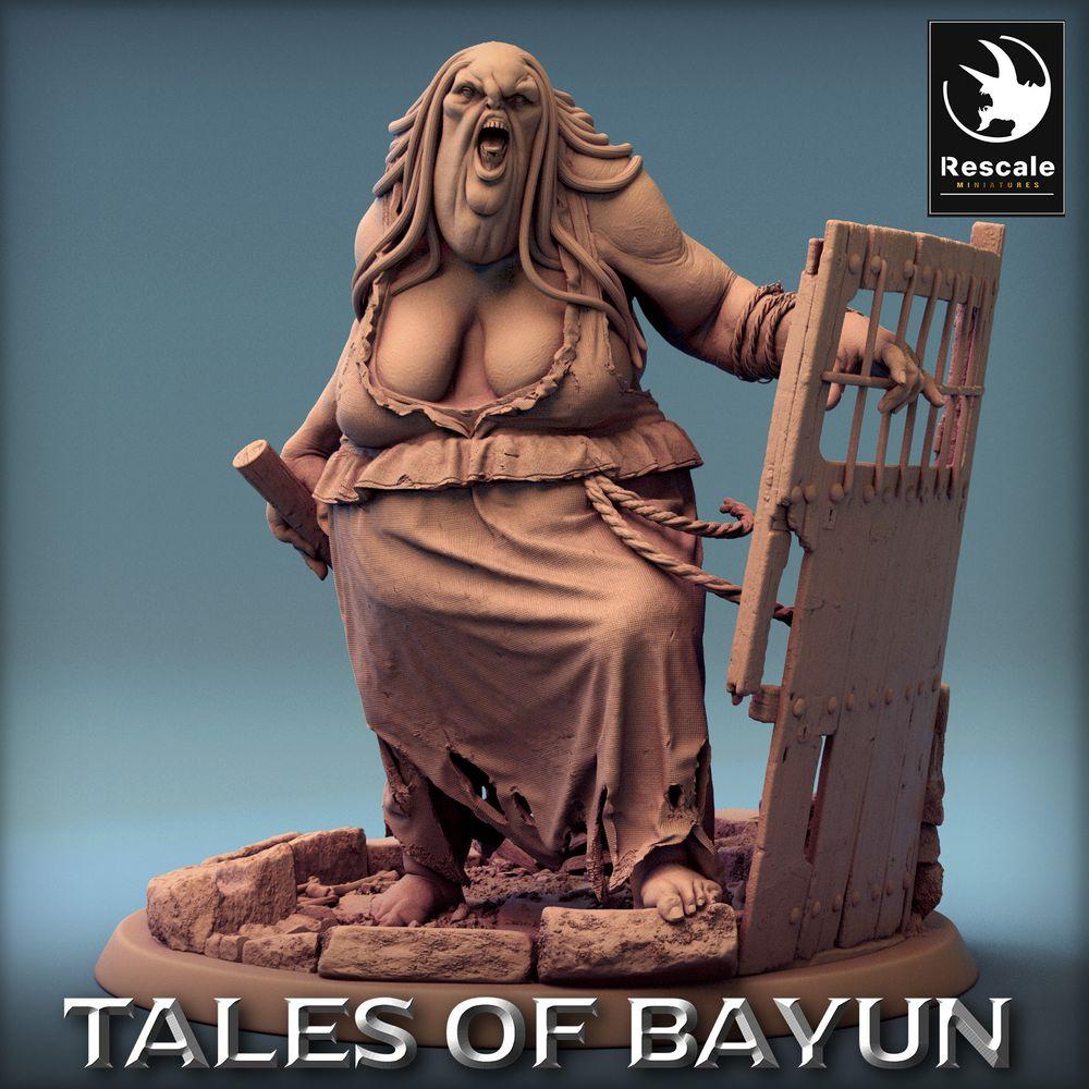 Productfoto Tabletop 28mm Lord of the Print (LotP) 0: Tabletop Miniatuur: Kikimora Oger-Matrone, Kerkerwärterin met Gitterdeur-schild en knuppel, Trollheks, Torwächterin/Gatekeeper, Dungeon Baas (24_01_D1)