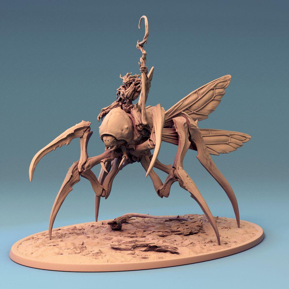 Productfoto Tabletop 28mm Lord of the Print (LotP) 0: Tabletop Miniatuur: Insectenrijder op Vleugelmantis, Zwermheks/Pestsjamaan met Staf, Mantidenkavallerie Baasmonster (24_07_D1)