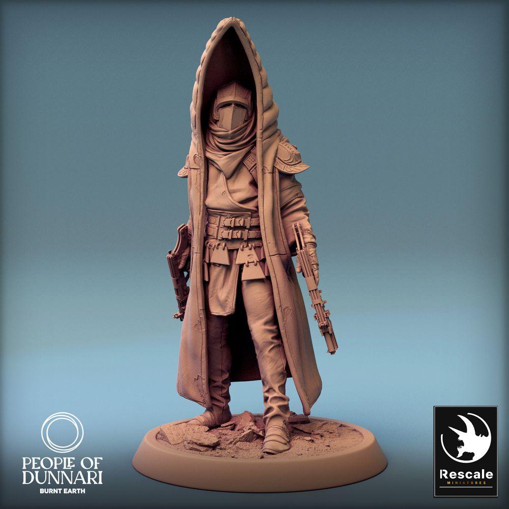 Produktfoto Tabletop 28mm Lord of the Print (LotP) 0: Sci‑Fi Figur: Sandstorm Chief, Wüstenläufer‑Anführer und Kopfgeldjäger, Pistolenschütze mit Zwillingspistolen (24_03_E1)