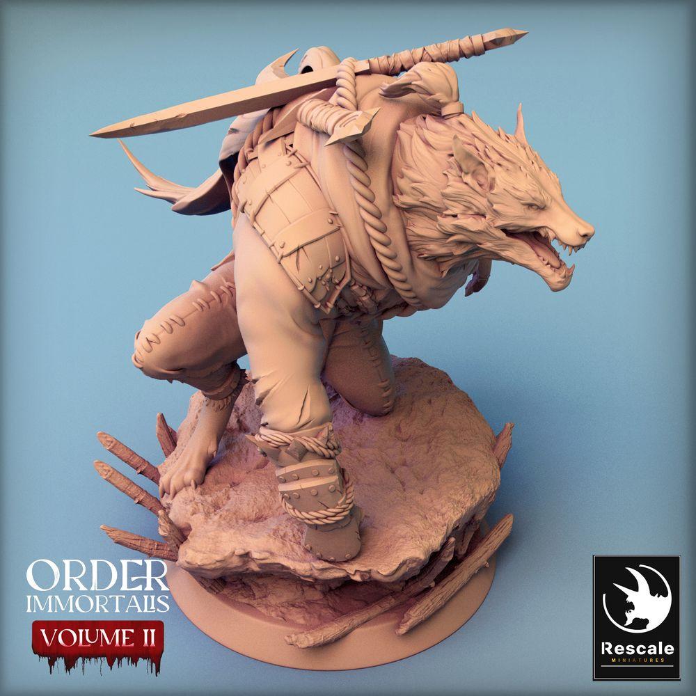 Produktfoto Tabletop 28mm Lord of the Print (LotP) 0: Tabletop Miniatur: Werwolf-Anführer - Lykanthropen-Champion mit zwei Schwertern am Rücken, Werewolf Chief (24_02_C2)