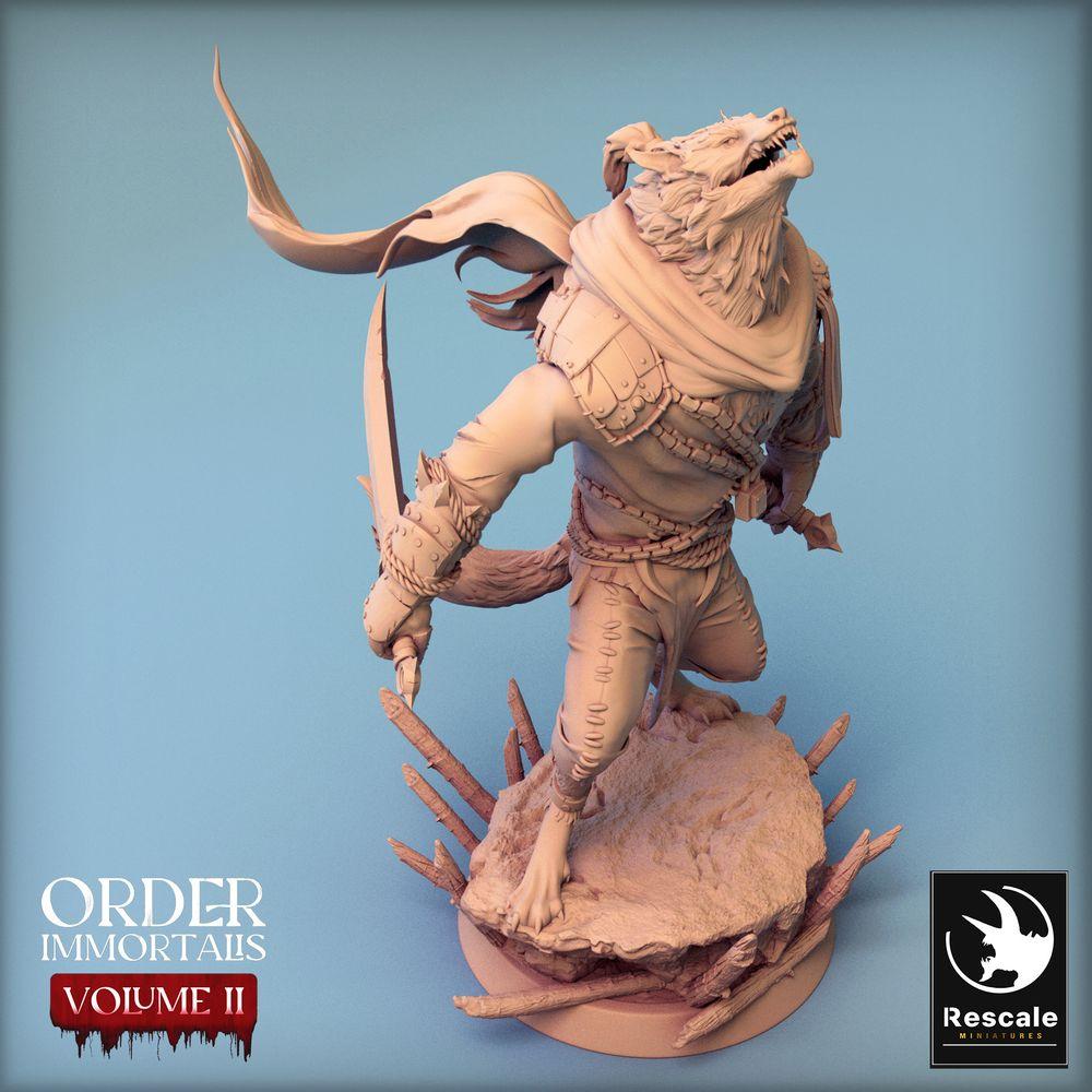 Productfoto Tabletop 28mm Lord of the Print (LotP) 0: Tabletop Miniatuur: Weerwolf Krijger - huilende Lykanthroop, Barbar en Duelant met twee gebogen messen (Werewolf Howl) (24_02_C4)