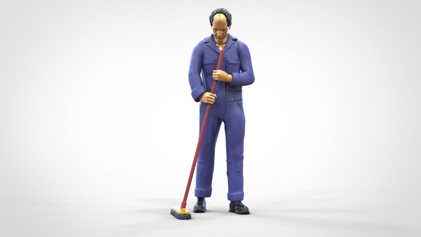 Productfoto 0: Huismeester of schoonmaker: man met bezem in overall