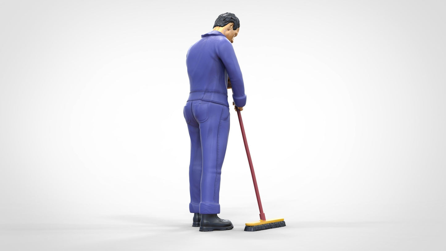 Productfoto 0: Huismeester of schoonmaker: man met bezem in overall