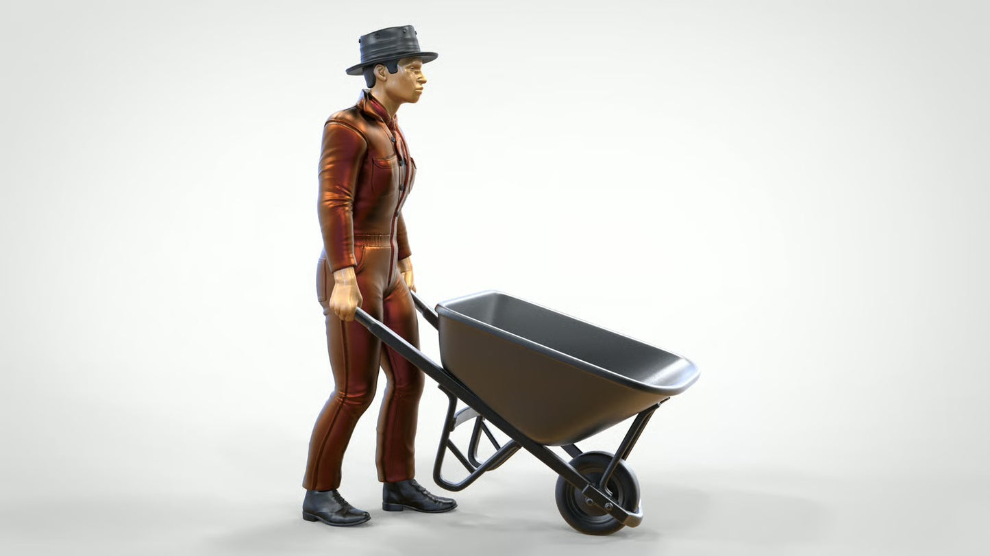 Diorama Modellbau Produktfoto 0: Lokarbeiter mit Schubkarre – Figur in Arbeits-Montur und Hut (Ref. Nr. 449)