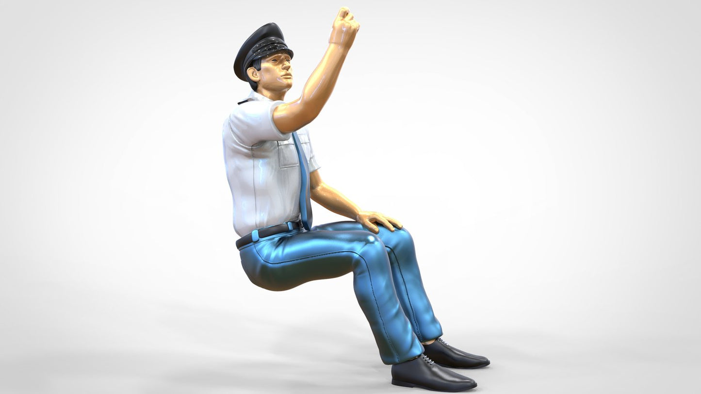 Productfoto 0: Zittende piloot in uniform: Vliegtuigpersoneel - bedient schakelaar