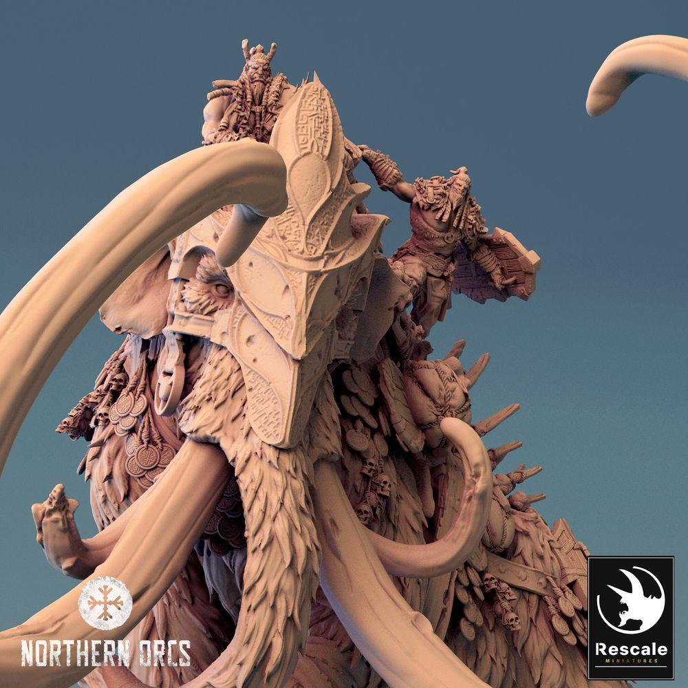Productfoto Tabletop 28mm Lord of the Print (LotP) 0: Tabletop Miniatuur: Oorlogsmammut, Frost-Mammut met Howdah en Beestenrijders, Oorlogsmammut Belegeringsbeest (24_04_X)