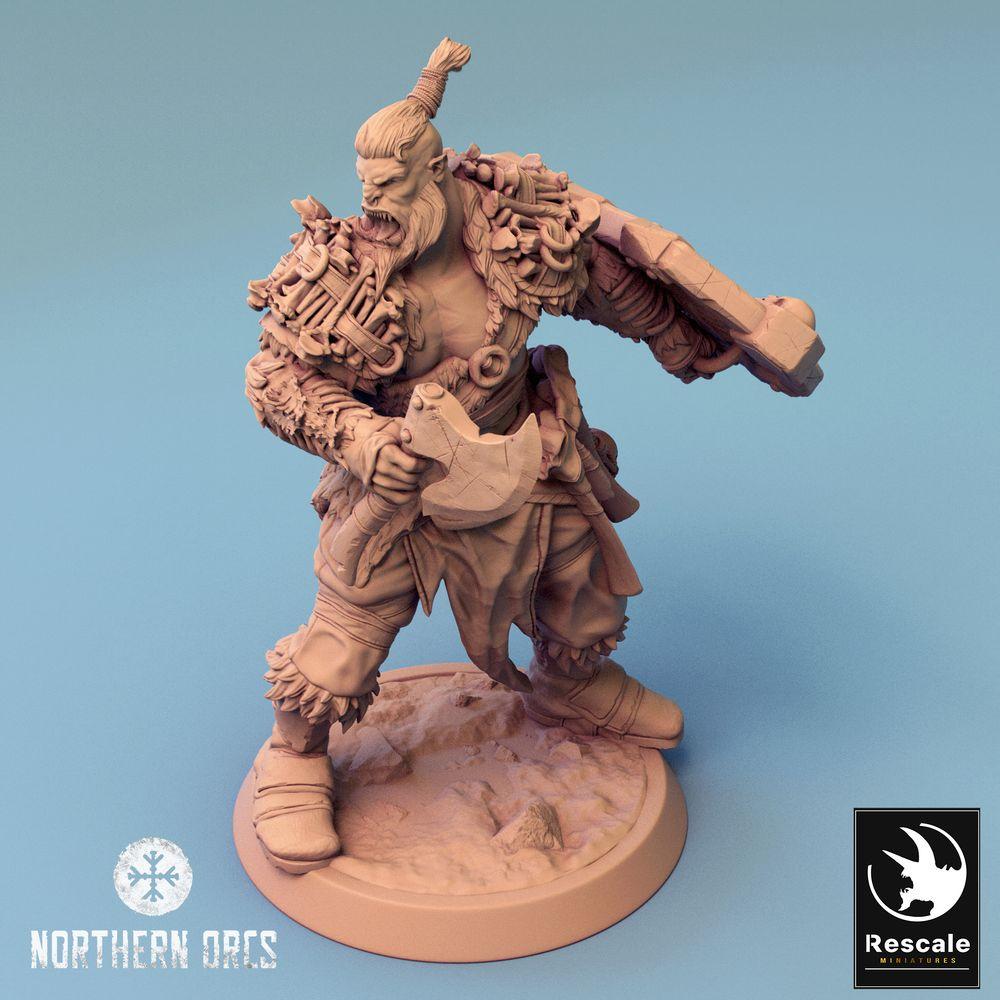 Productfoto Tabletop 28mm Lord of the Print (LotP) 0: Tabletop Miniatuur: Ork Krijger / Orc Warrior met Bijl en Schild - Berserker, Kampioen, Oorlogsleider, brullende Leider (24_04_H4)