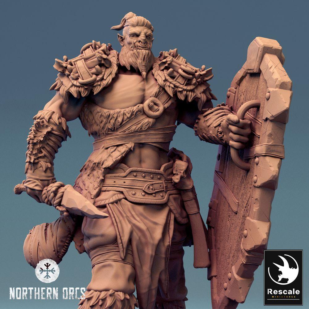Productfoto Tabletop 28mm Lord of the Print (LotP) 0: Tabletop Miniatuur: Ork Krijger met Schild en Bijl, Orc Warrior, Schilddrager, Warlord (24_04_G1)