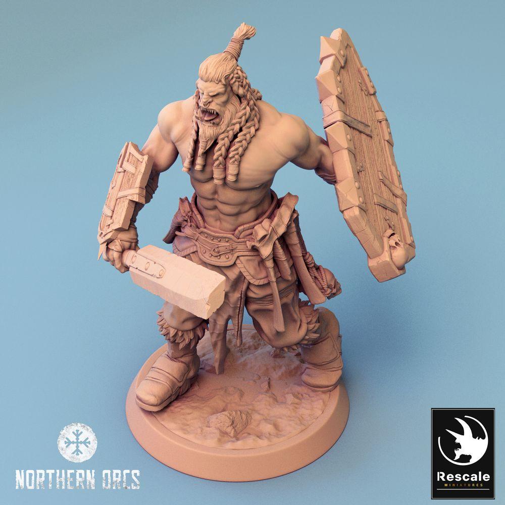 Productfoto Tabletop 28mm Lord of the Print (LotP) 0: Tabletop Miniatuur: Ork / Orc Krijger - brullende Barbar met Grootzwaard en Schild, Berserker (24_04_J1)