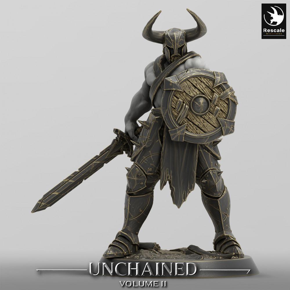 Productfoto Tabletop 28mm Lord of the Print (LotP) 0: Fantasy Figuur: Gehoornde Krijger met Ronde Schild en Zwaard, Donkere Ridder Dark Knight, Schildvechter (24_05_C13)