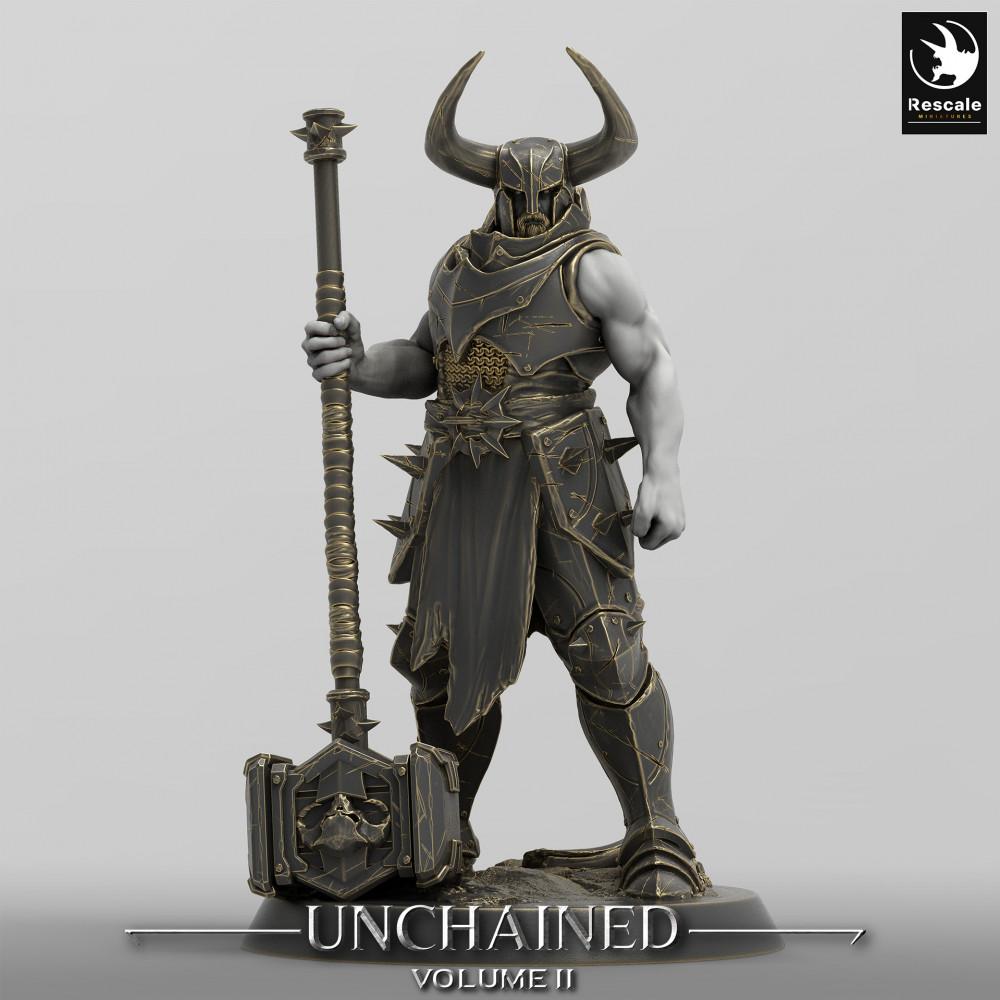 Productfoto Tabletop 28mm Lord of the Print (LotP) 0: Fantasy Figuur: Donkere Paladijn / Dark Paladin, Demonridder / Demon Knight - Chaosstrijder met Tweehandige Hamer, Hamer-Kampioen (24_05_E8)