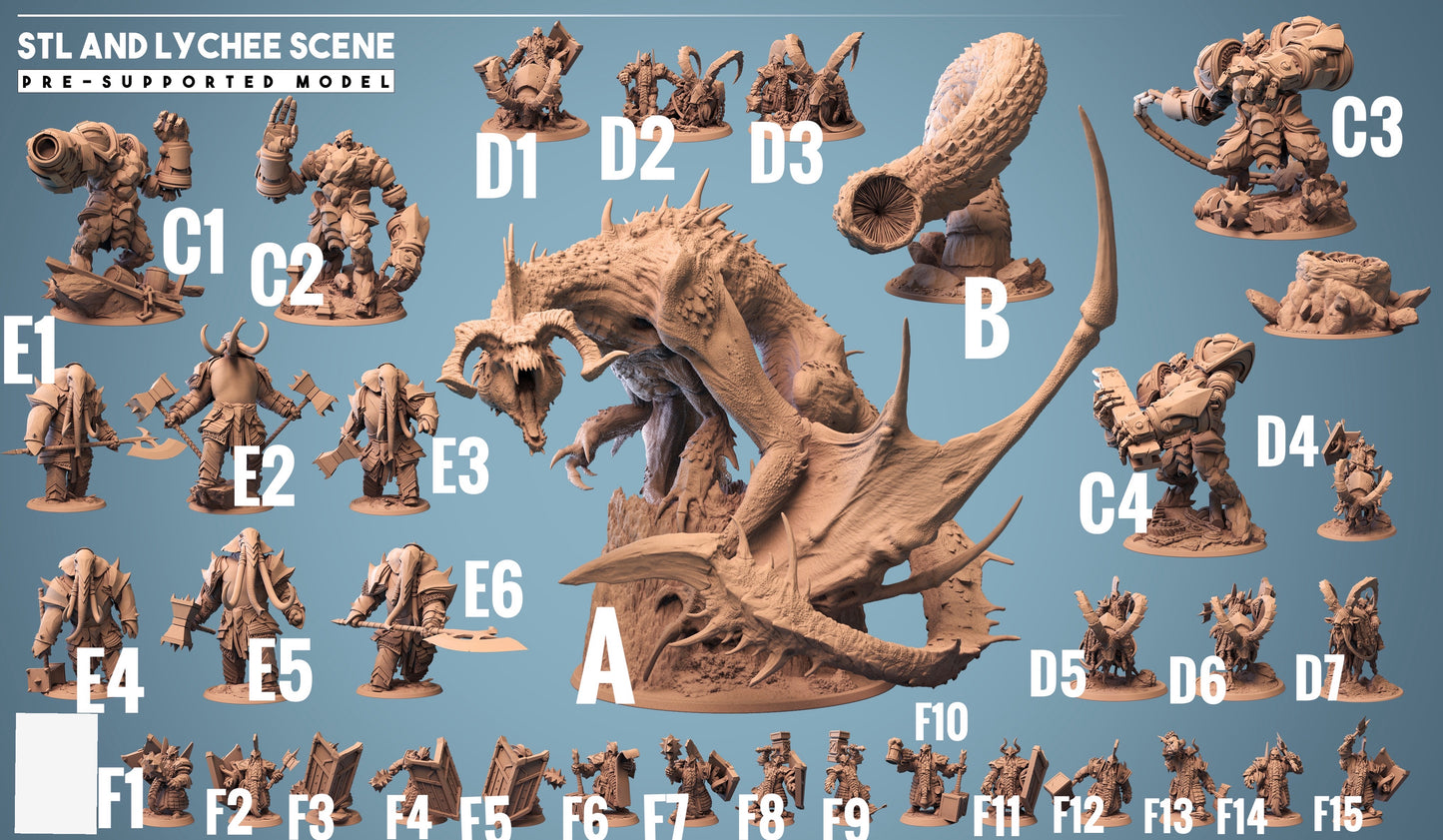 Productafbeelding 6 van 6: Tabletop Miniatuur: Dwergenstrijder / Dwergenkapitein met Mace - Monsterjager, Beestenverslager over gehoornde Beest - Dwergheld, Baas-miniatuur, Diorama-basis (23_08_D2)