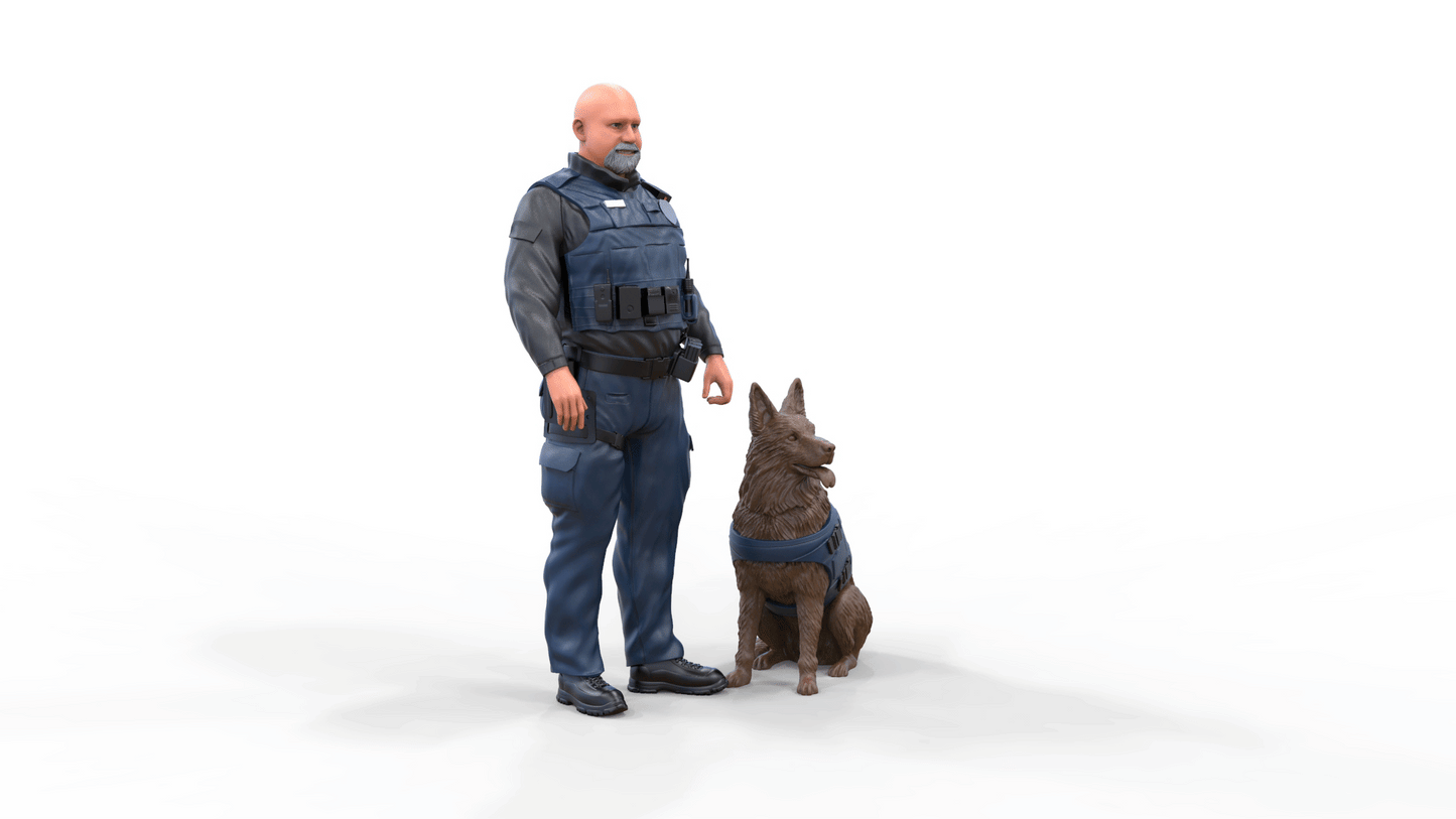 Productfoto diorama en modelbouw miniatuurfiguur: politieagent met hond