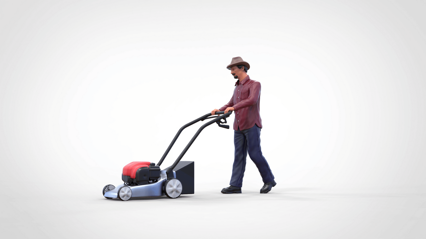 Productfoto diorama en modelbouw miniatuur figuur: man met grasmaaier