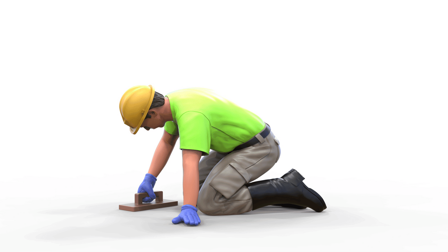 Productfoto Diorama en modelbouw miniatuur figuur: Bouwvakker 1 - Tegelzetter knielend met helm
