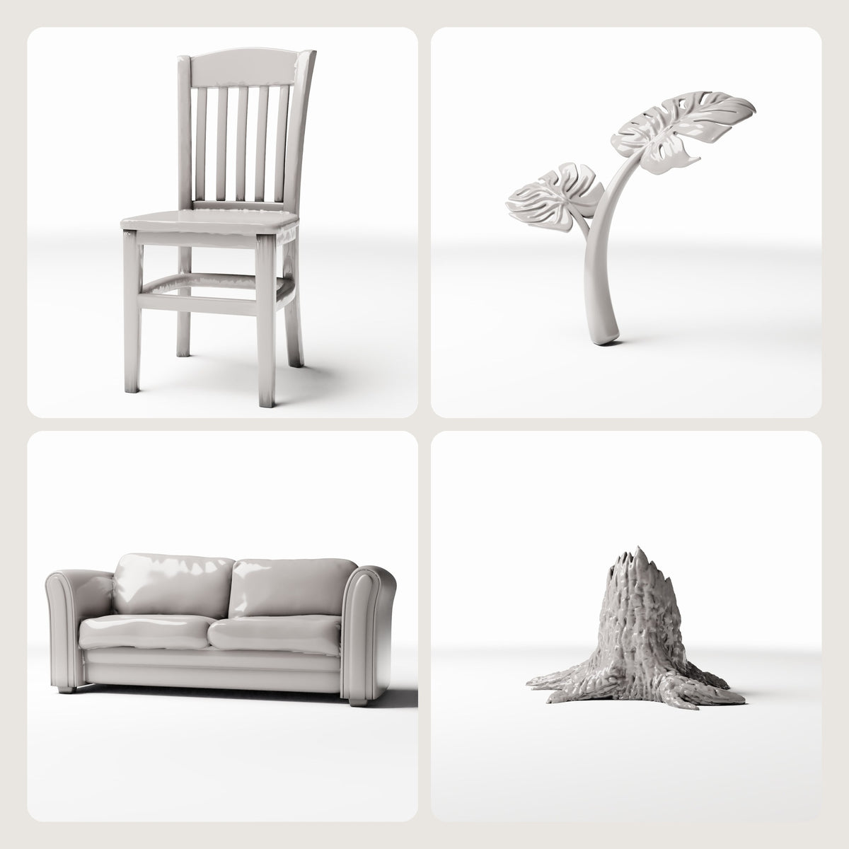 Miniatur-Möbel, Monstera-Pflanze und Baumstumpf als Diorama- und Modellbau-Deko: Stuhl, Sofa, Pflanze und Geländeobjekt.