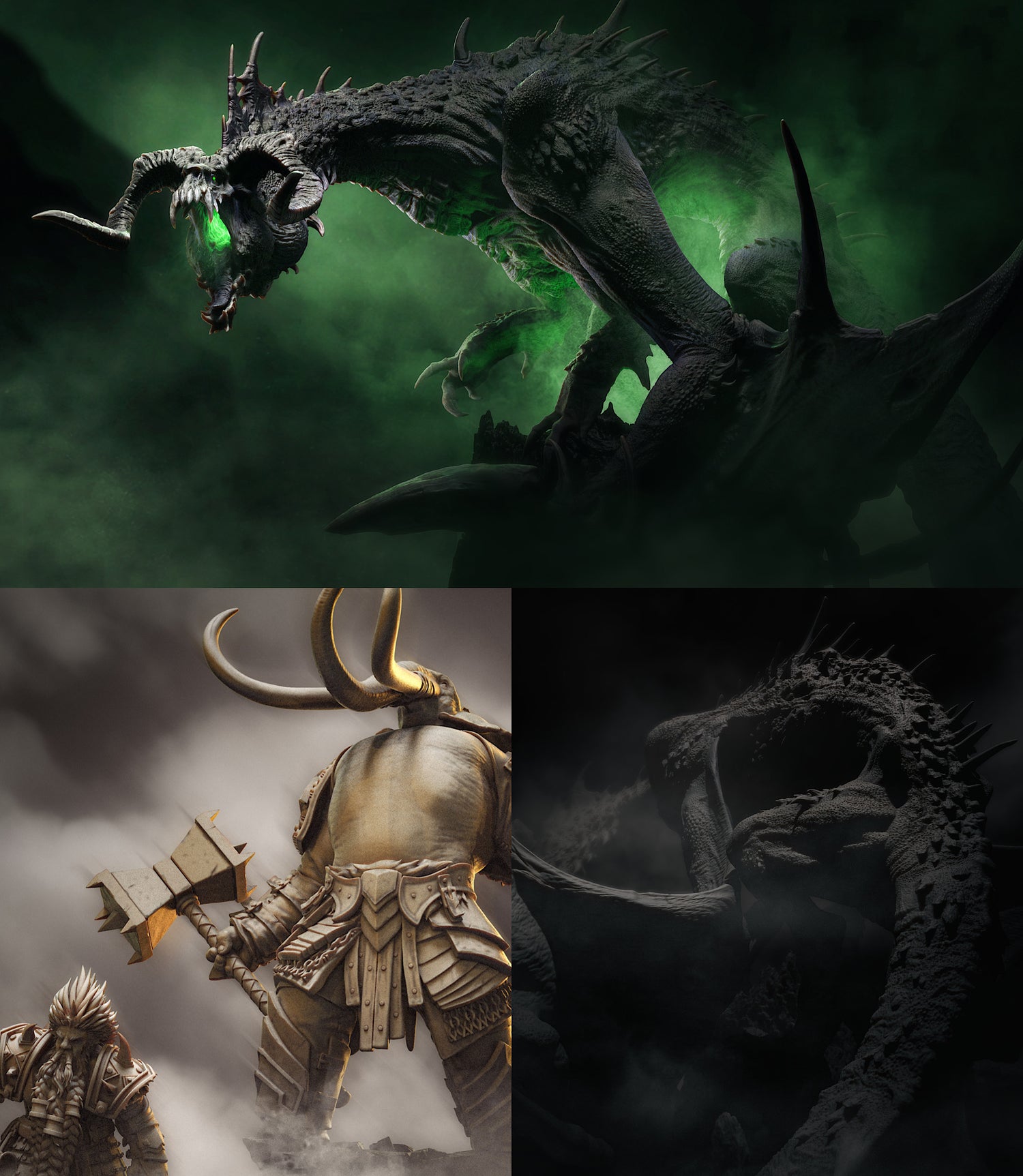 Kategoriebild für Tabletop 28mm Minis: Lord of the Print. 3d-Druck Figuren-Kollage verschiedener Drachenmodelle
