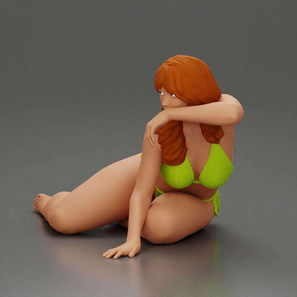 Diorama modelbouw productfoto 5: Miniatuurfiguur: Liggende vrouw in bikini, half gesteund op het strand (Ref Nr. A106)