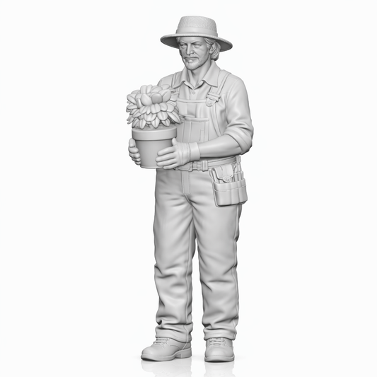 Diorama Modellbau Produktfoto 0: Stehende Figur: Gärtner mit Latzhose & Hut, Blumentopf mit blühender Pflanze (B005)