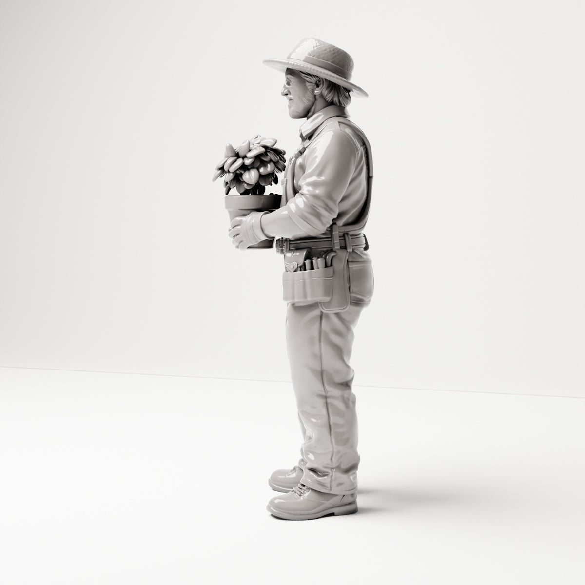 Stehende Figur: Gärtner mit Latzhose & Hut, Blumentopf mit blühender Pflanze (B005) - linke Seitenansicht