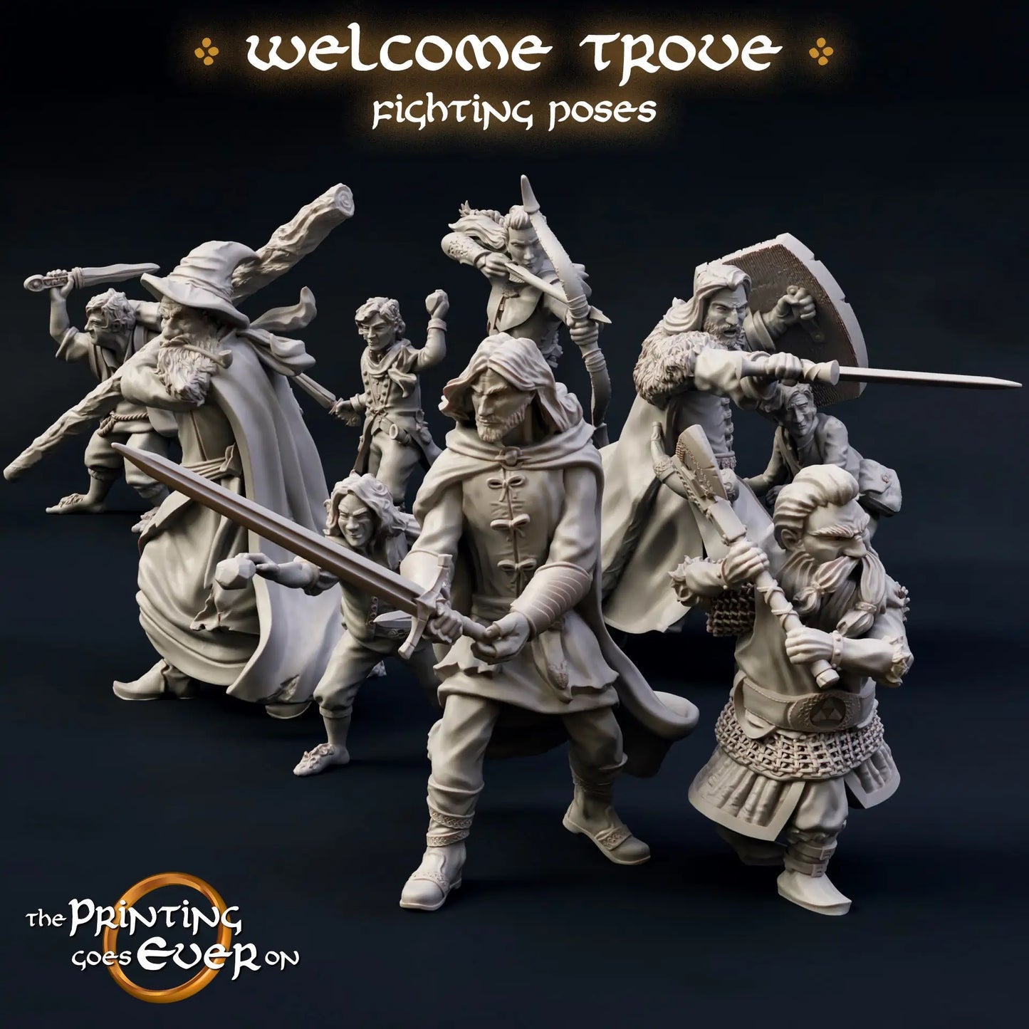 Productfoto Tabletop 28mm The Printing Goes Ever On (TPGEO) 0: 9 Helden in gevechtspositie: Gefährten van mensen, elfen, dwergen en hobbits - Krijgers