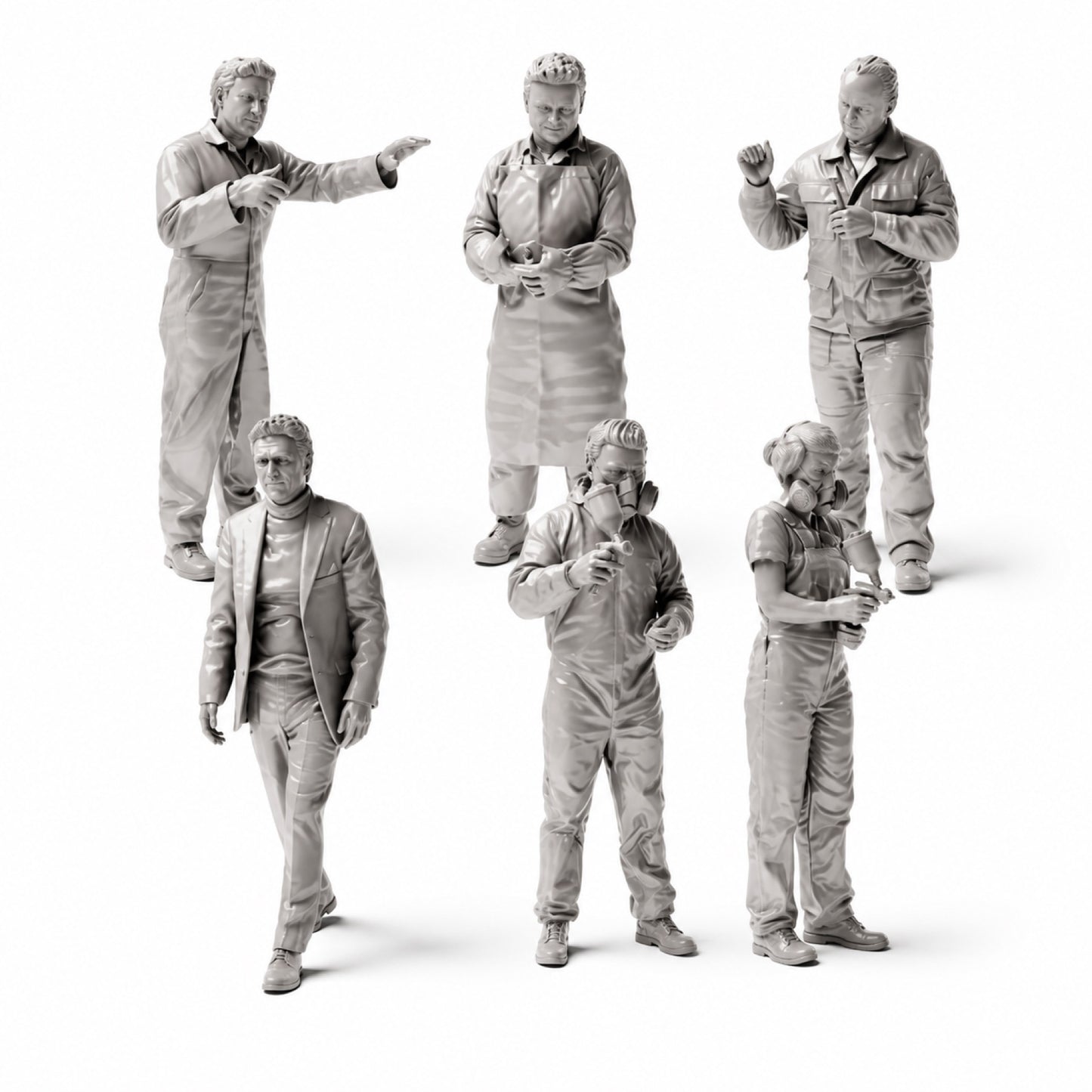 Diorama modelbouw productfoto 1: Diorama figuren-set: autospuiterij en carrosseriewerkplaats figuren-set (nr. S48) - 6 figuren