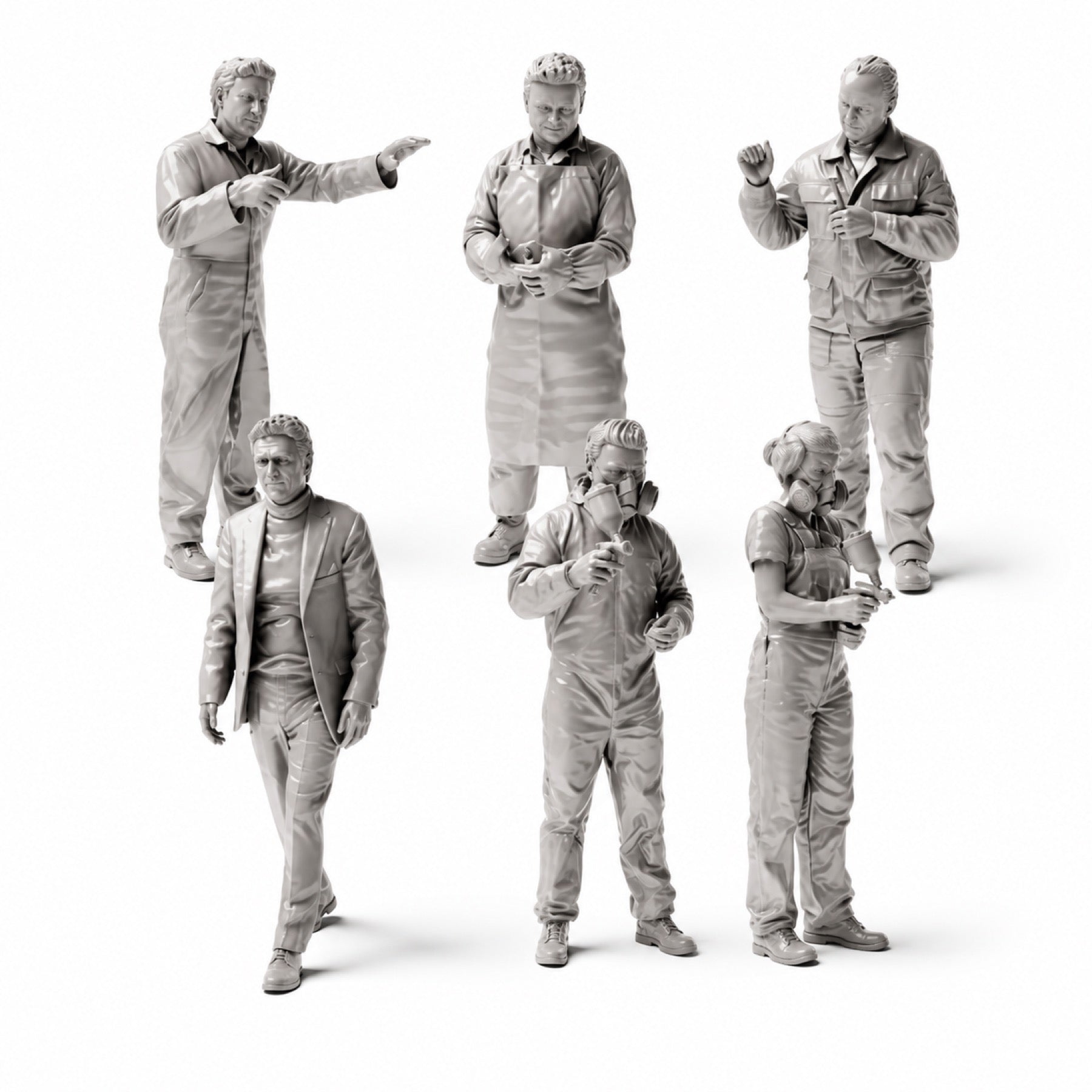 Diorama modelbouw productfoto 1: Diorama figuren-set: autospuiterij en carrosseriewerkplaats figuren-set (nr. S48) - 6 figuren