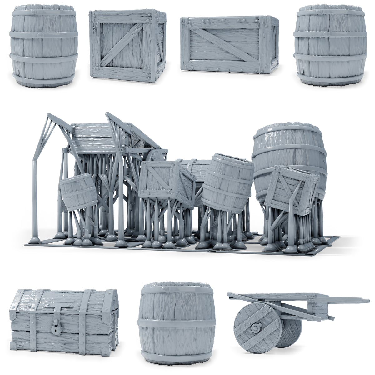Dioramabouw productfoto 0: Diorama-miniaturen set: vaten, kratten, kist en handkar (h0_50)